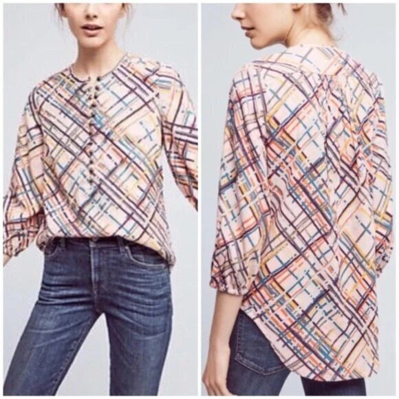 Anthropologie Maeve Bethesda Flannel Top Small‎ Pink Stripes Henley shirt - Picture 1 of 11